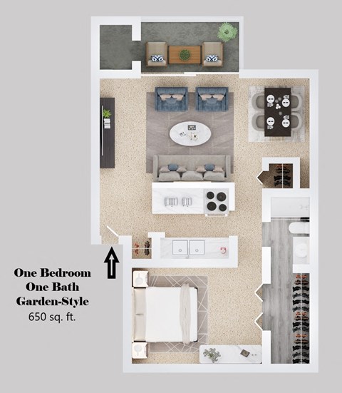 Floor plan for 1 bed, 1 bath, 650 sqft